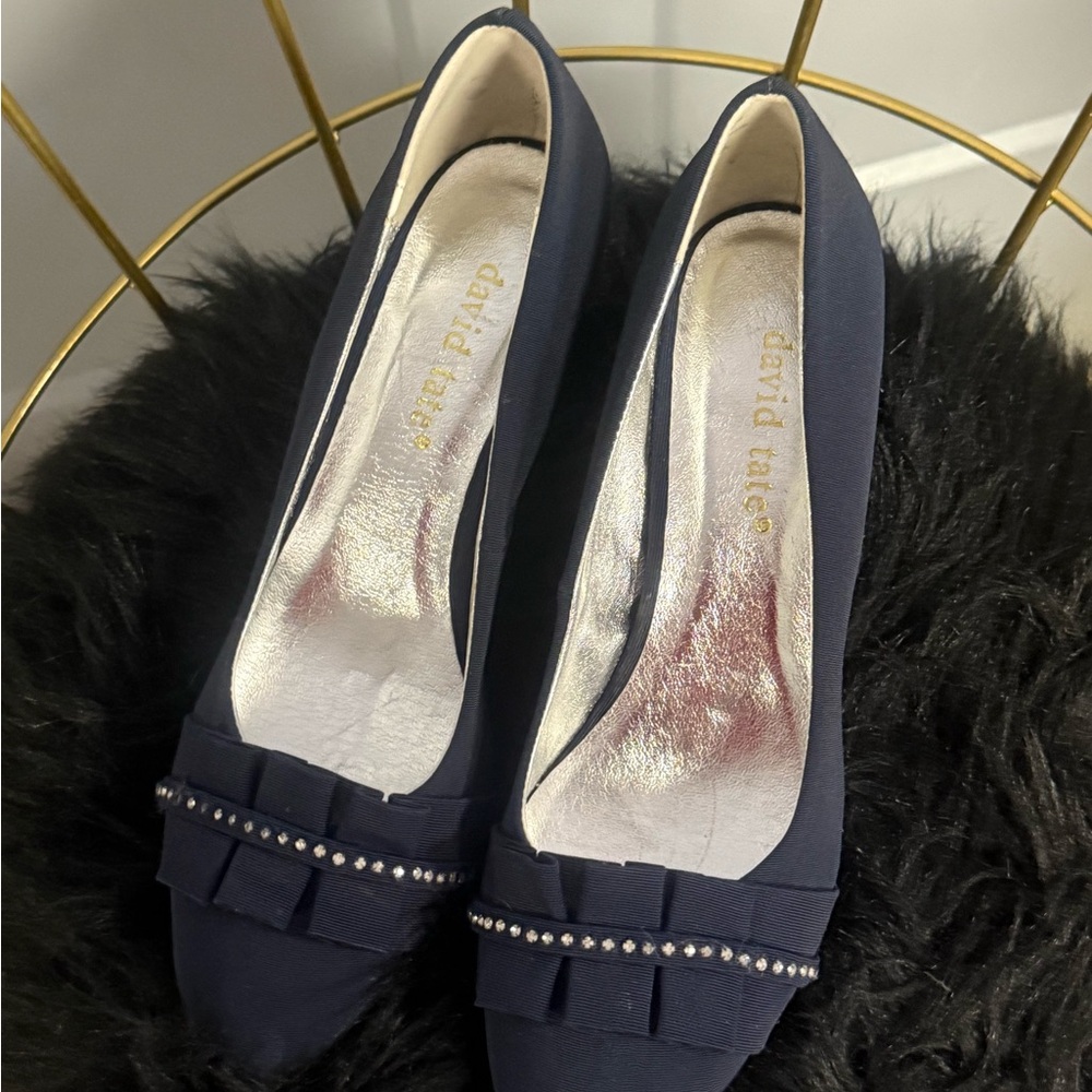 David Tate Women's Navy Flats with Bow and Pearl Accents